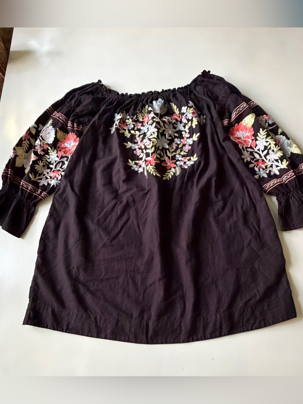 Free People Womens Dress Size M Black Floral Embroidered 3/4 Sleeve Side Pockets - Picture 5 of 10